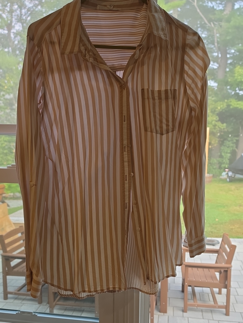 Jane and Delancey Beige and White Striped Button-Down Shirt